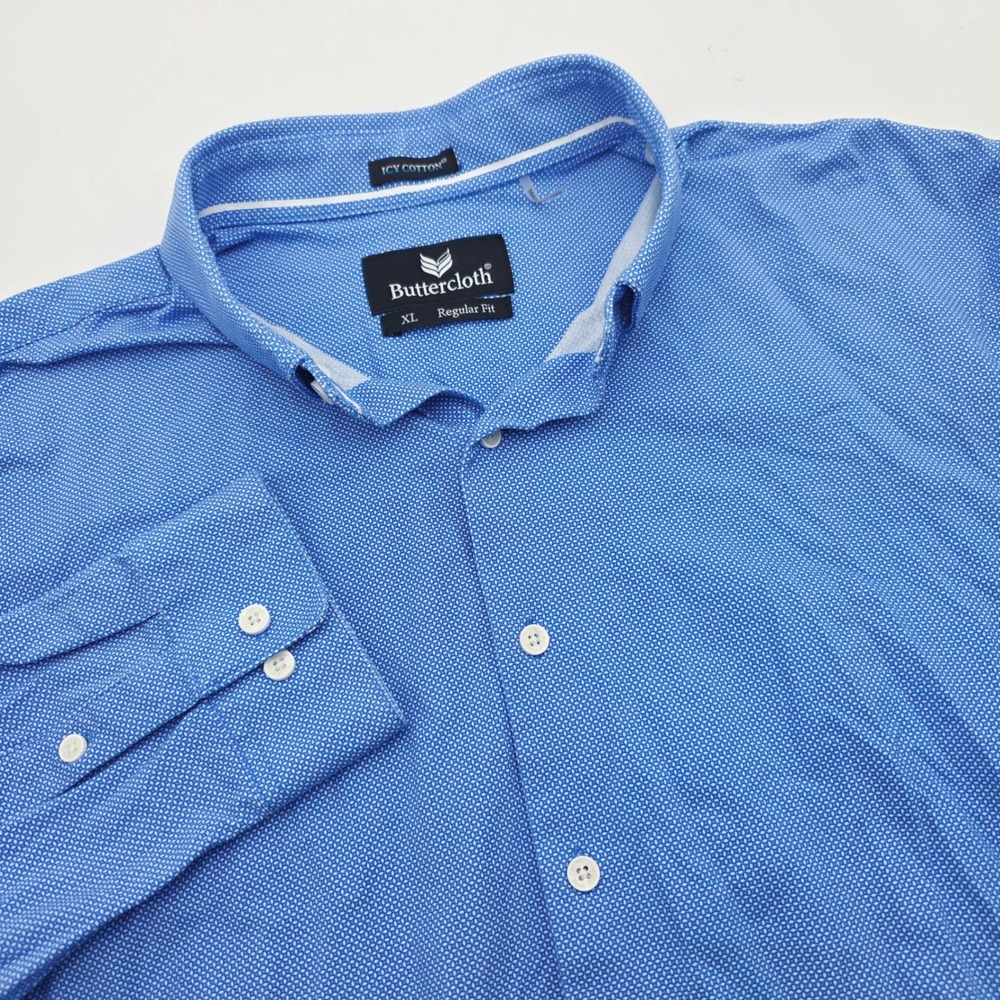Buttercloth Icy Cotton Blue Geometric Button Shirt Men XL Regular Fit Stretch